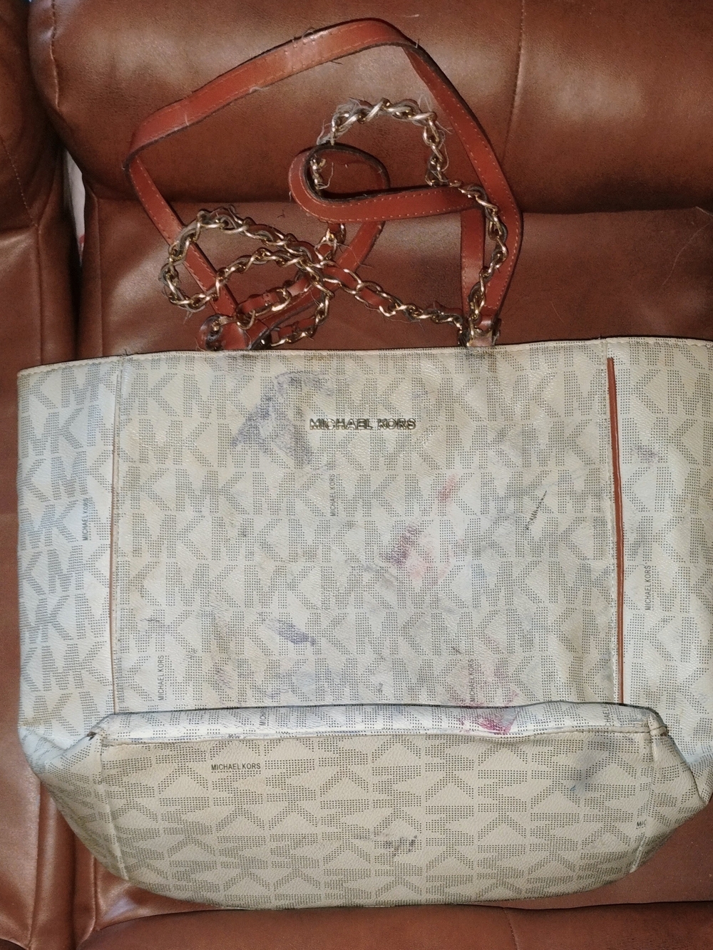 Michael Kors Cream MK Logo Tote with Tan Trim and Chain Straps